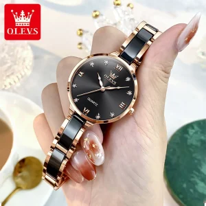 Olevs 5872 Black Stainless Steel Analoge Wrist Watch For Women Black