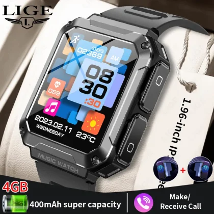 Bluetooth calling Smart Watch LIGE 2-in-1 TWS 4GB Multifunctional Fingerprint Waterproof Music with Earbuds