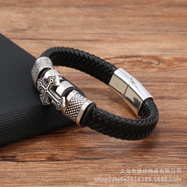 Retro Alloy Leather Cross Bracelet Silver - Image 2