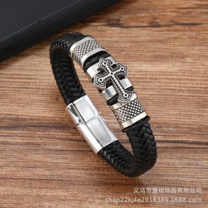 Retro Alloy Leather Cross Bracelet Silver